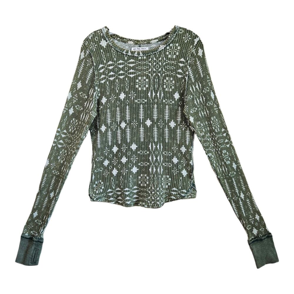 FREE PEOPLE We The Free Size L Pretty Little Thermal Top Green Boho Cotton 38"